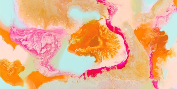 Anne Jenner's artwork. Soft abstract painting in orange, beige, pink, and teal hues.