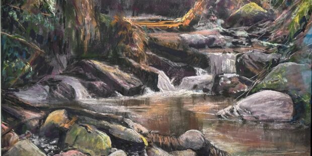 A photograph of a pastel painting capturing the trickle of a waterfall in a river.